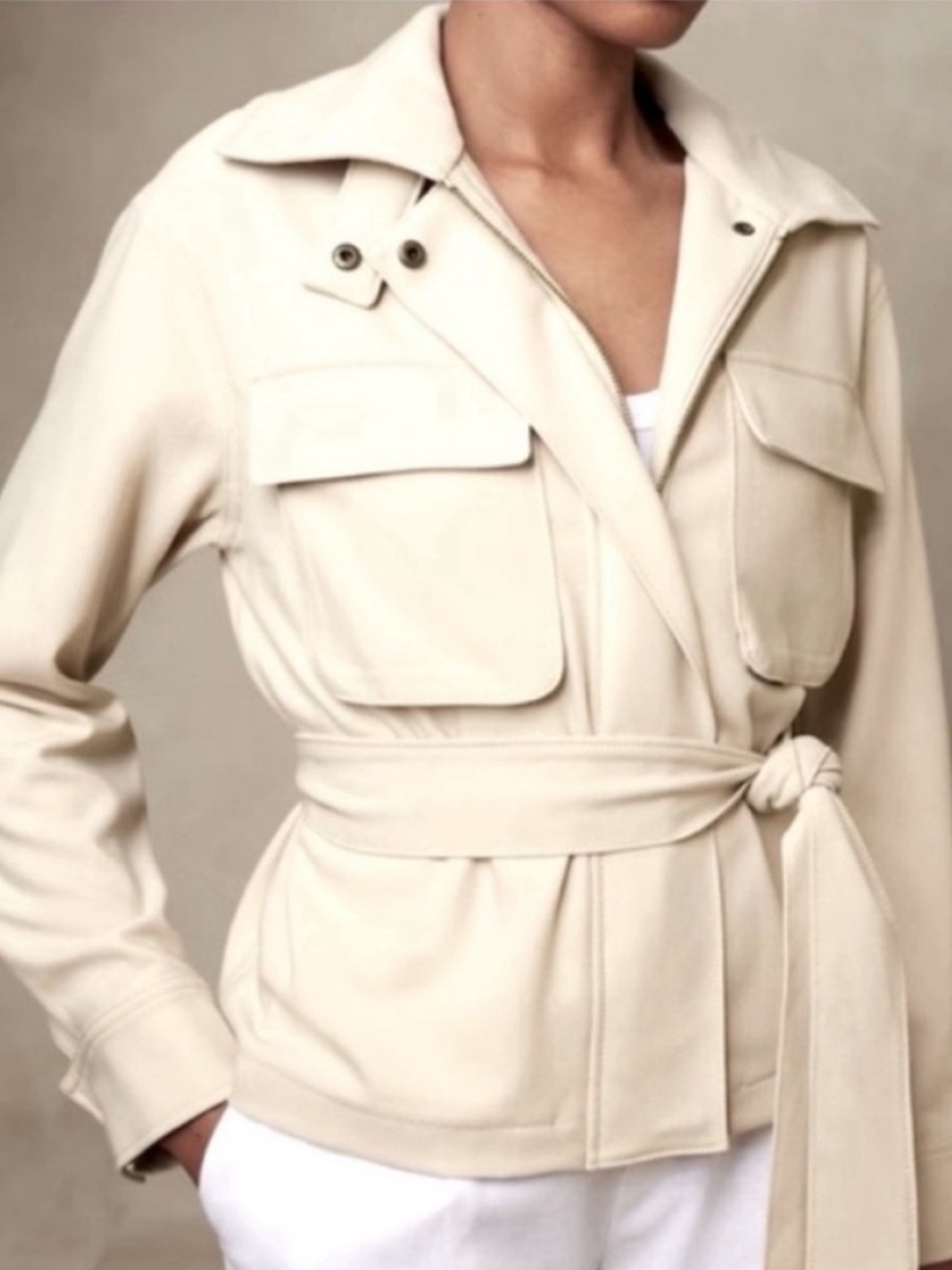 Banana Republic NEW Zip Front Jacket Tied Waist Pockets Oyster Pearl Womens XL